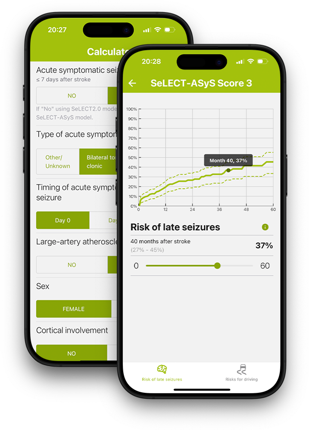 SeLECT score calculator iOS app showing seizure risk at 40 months